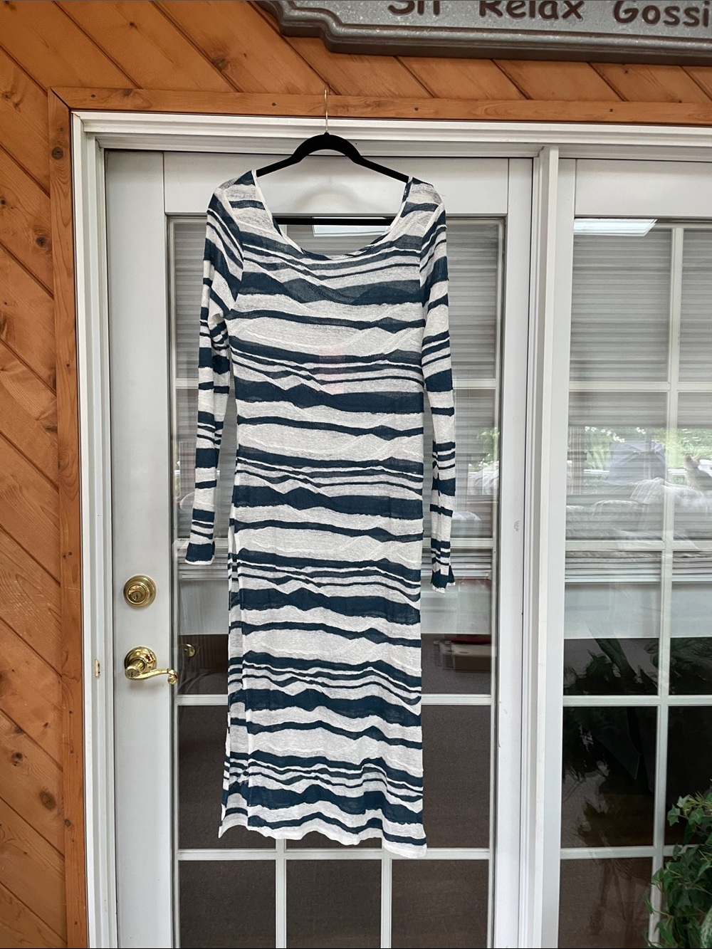 Striped Long Sleeve Maxi Dress in Navy and White. Dress is by Calypso St Barth.